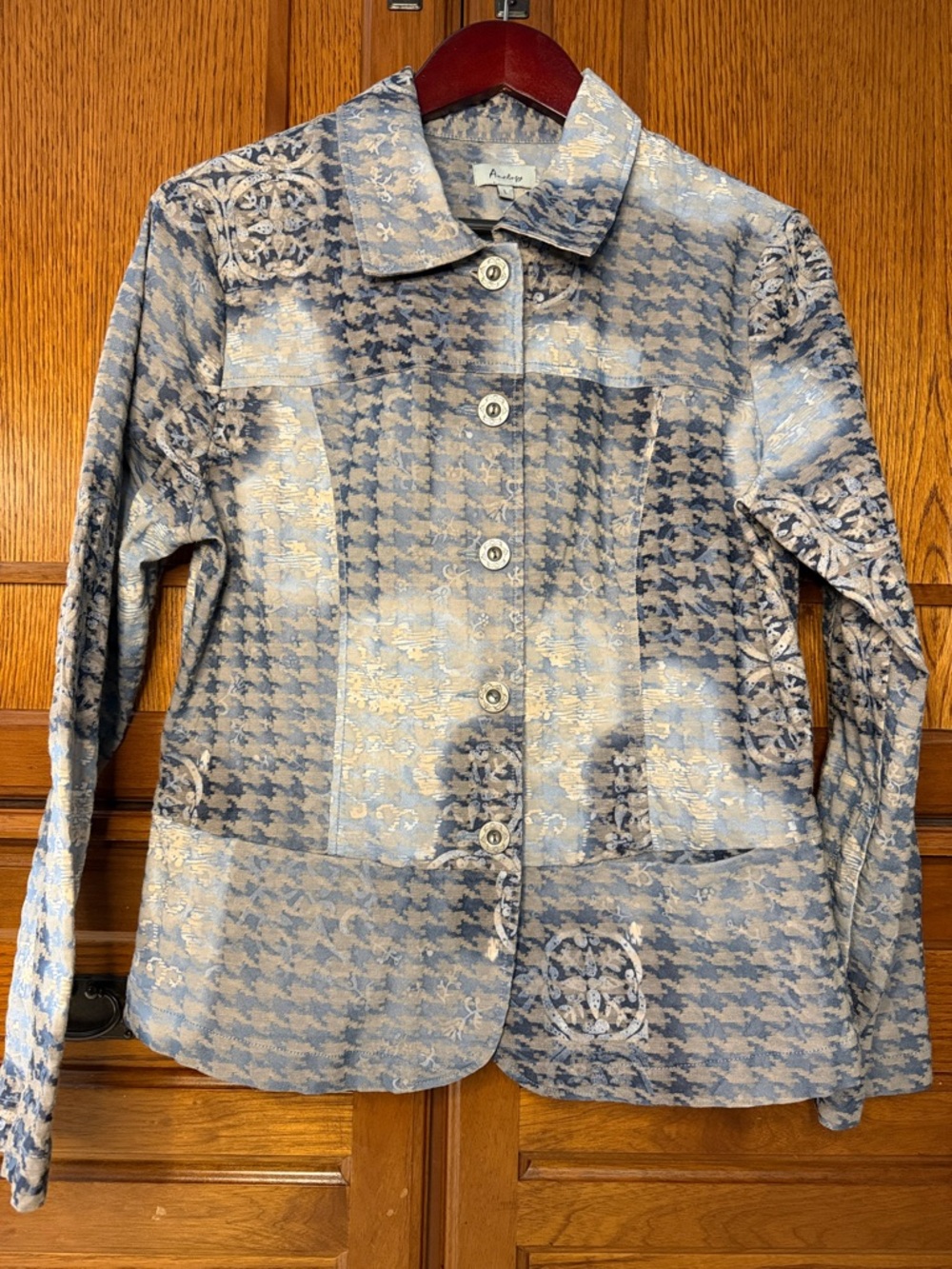 Anology Wave Houndstooth Button Jacket Patch Square Artsy Casual Botique Grandma